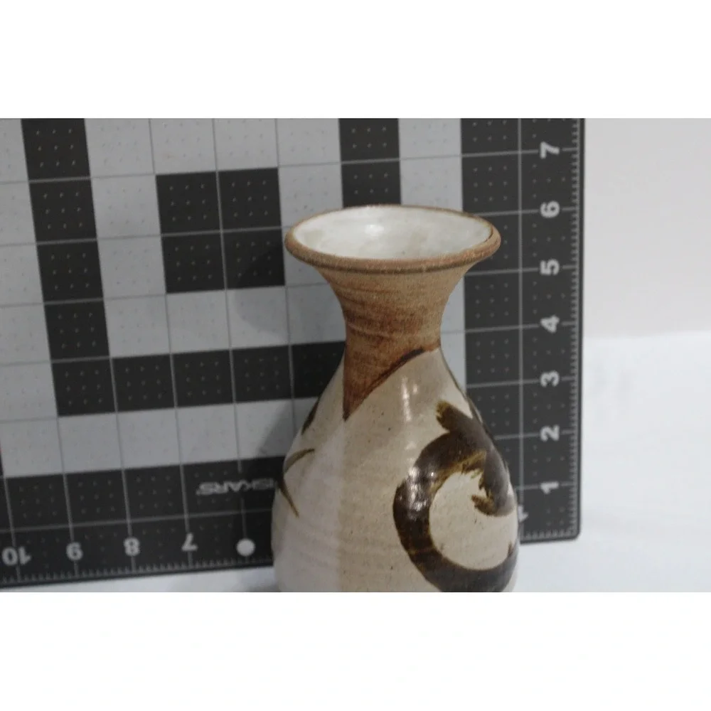 Studio Pottery Bud Vase Handcrafted Stoneware Abstract Brown Brushstrokes 5.25